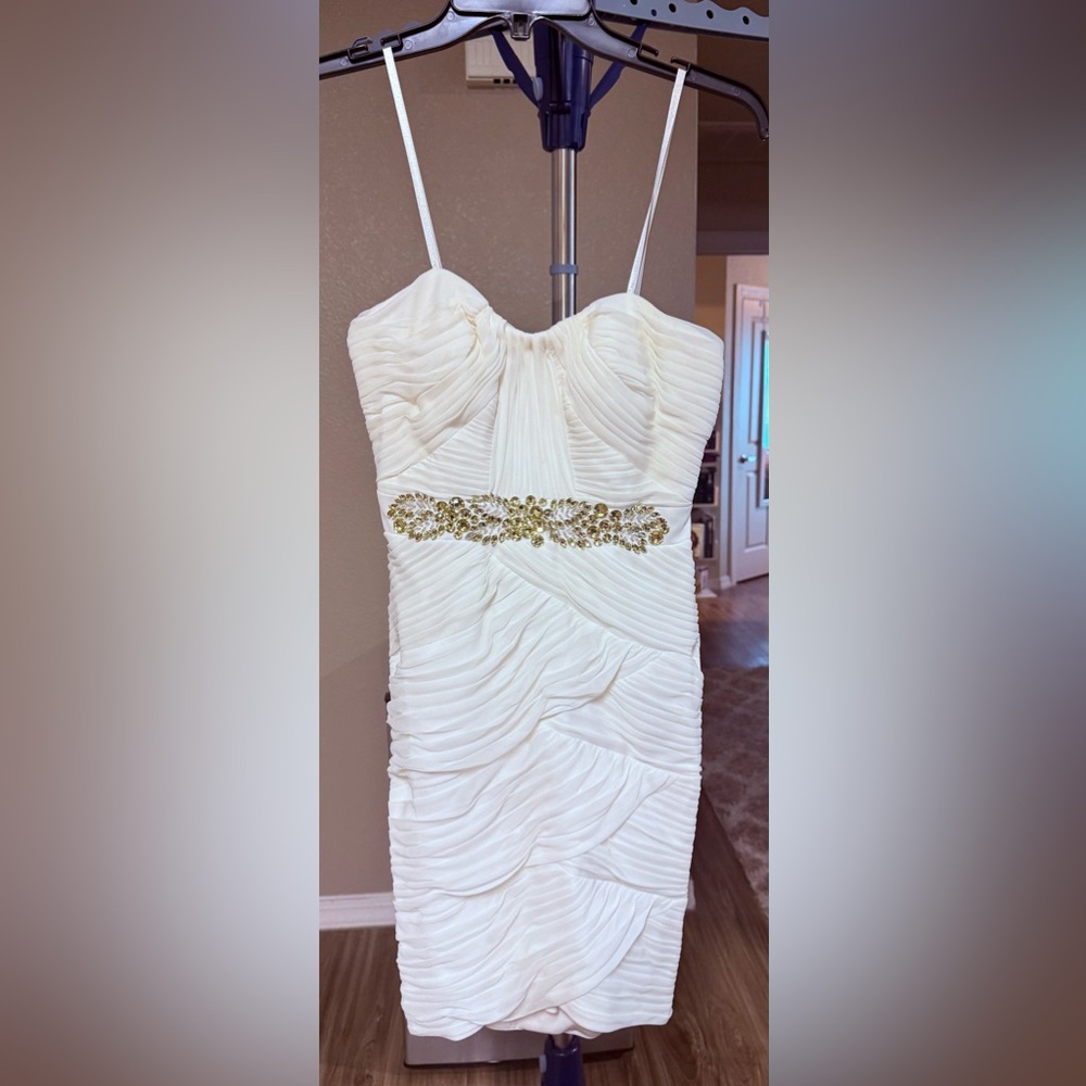 Cache Strapless White Dress with Gold Accents